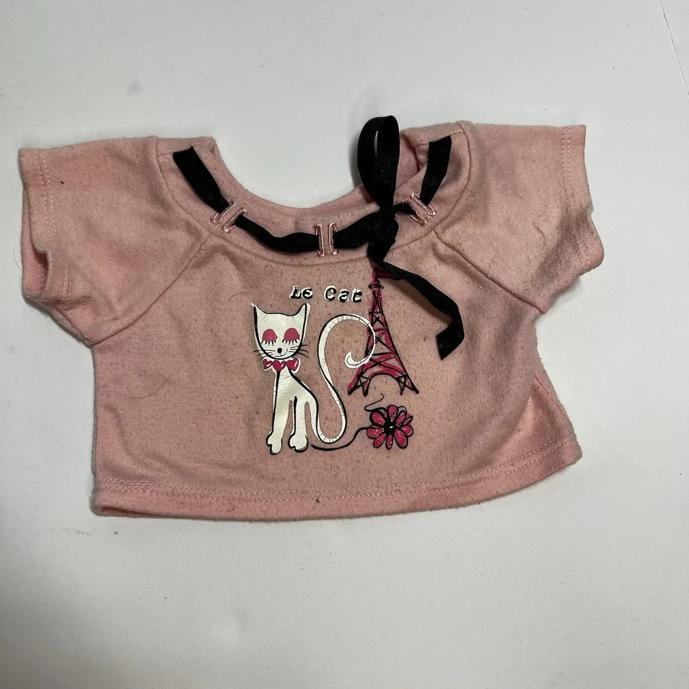 Build A Bear Pink Le Cat Paris Set- Shirt, Skirt, Shoes, Matching Purse French